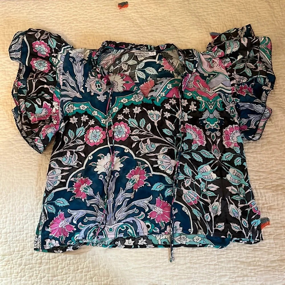 Maria Cher multicolored blouse short sleeve top ruffle sleeves small - Picture 1 of 5